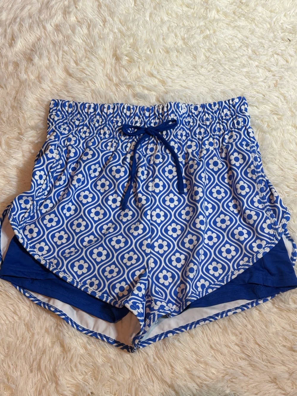 Jady K-Women’s Blue Floral-Pattern Athletic Shorts with Drawstring